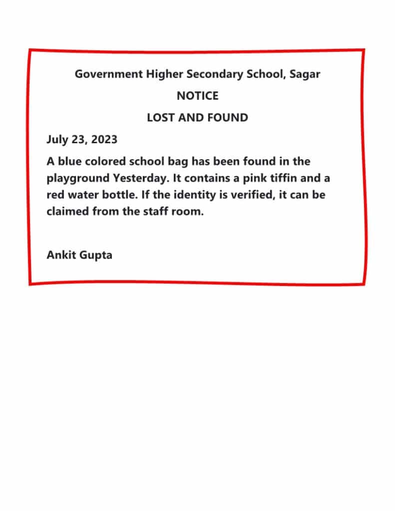 Lost and Found, You have found a school bag in your school compound, Prepare a ‘Lost and Found’ notice. Class 9th, Class 10th, Class11th, Class12th, LOST AND FOUND